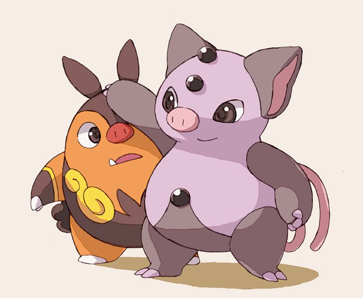 animal_focus black_hair claws closed_mouth fang full_body gen_3_pokemon gen_5_pokemon grumpig hand_on_another&#039;s_head hijirino_yuuta nintendo no_humans nostrils pignite pokemon pokemon_(creature) shadow simple_background smile