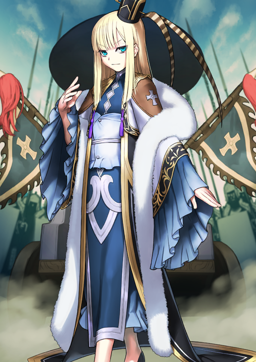 1girl black_hat black_shoes blonde_hair blue_dress blue_eyes blue_sash blunt_ends breasts chinese_clothes closed_mouth clothing_request dress expressionless fate/grand_order fate_(series) feather_boa feet_out_of_frame game_cg hand_up hat headwear_request high_collar long_hair long_sidelocks long_sleeves looking_at_viewer mini_hat official_art reines_el-melloi_archisorte reines_el-melloi_archisorte_(third_ascension) sakamoto_mineji sash shoes sidelocks small_breasts solo standing straight_hair tassel third-party_source v-shaped_eyebrows variant_set very_long_hair wide_sleeves