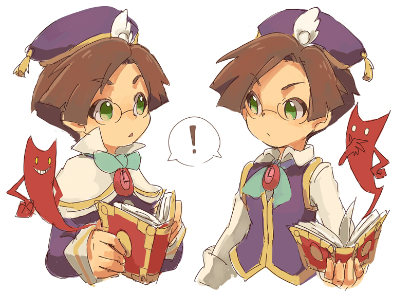 ! 2boys book brown_hair clone cropped_torso demon glasses green_eyes hat holding holding_book karatou klug_(puyopuyo) looking_at_another multiple_boys open_book purple_hat purple_vest puyopuyo puyopuyo_fever shirt short_hair simple_background spoken_exclamation_mark vest white_background white_shirt wing_hat_ornament