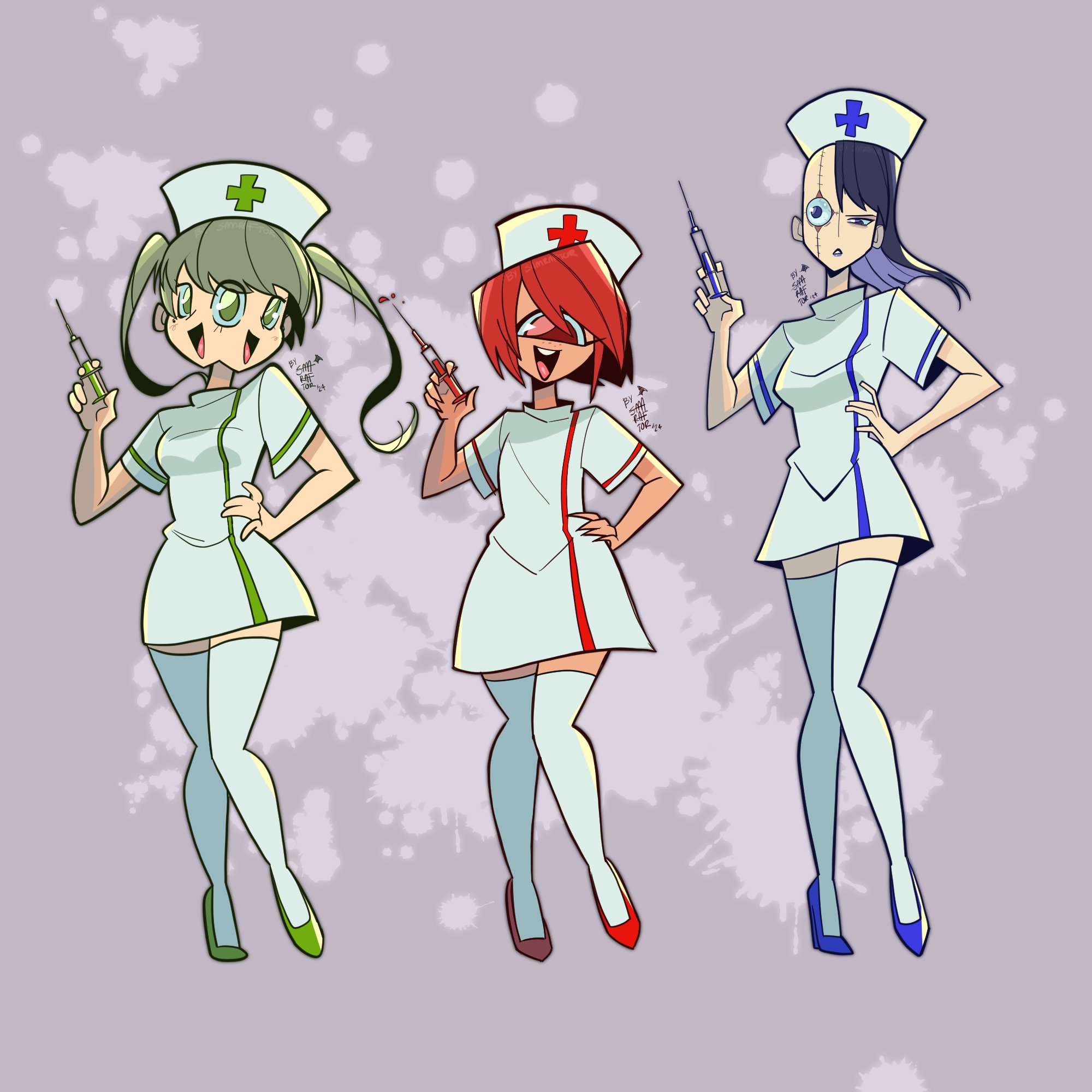 2024 asymmetrical_hair blue_eyes blue_footwear blue_hair commentary cyclops english_commentary extra_eyes green_eyes green_footwear green_hair grey_background hand_on_own_hip hat highres holding holding_syringe ichigou_(ikigusare) ikigusare long_hair multiple_faces multiple_girls extra_mouth nigou_(ikigusare) nurse nurse_cap one-eyed red_eyes red_footwear red_hair samraftor sangou_(ikigusare) short_hair sidecut signature smile stitched_face stitches syringe teeth thighhighs twintails undercut upper_teeth_only white_thighhighs