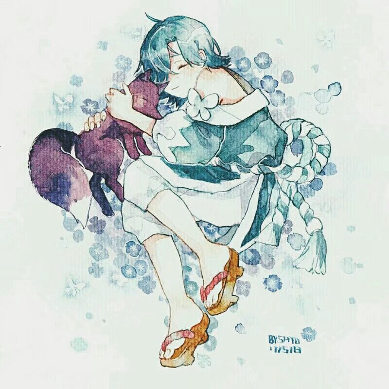 1boy ahoge animal animal_hug aqua_hair bare_shoulders blue_flower blue_jacket brown_sandals bug butterfly character_request closed_eyes closed_mouth crossed_bangs dated flower forget-me-not_(flower) fox fox_cub full_body geta grey_hanfu hair_over_one_eye happy insect jacket light_blush long_sleeves lying male_focus off-shoulder_jacket off_shoulder on_flower on_side pants puffy_long_sleeves puffy_sleeves sandals sato0805 short_hair signature sleeveless smile solo toenails toes traditional_media wangzhe_rongyao white_pants
