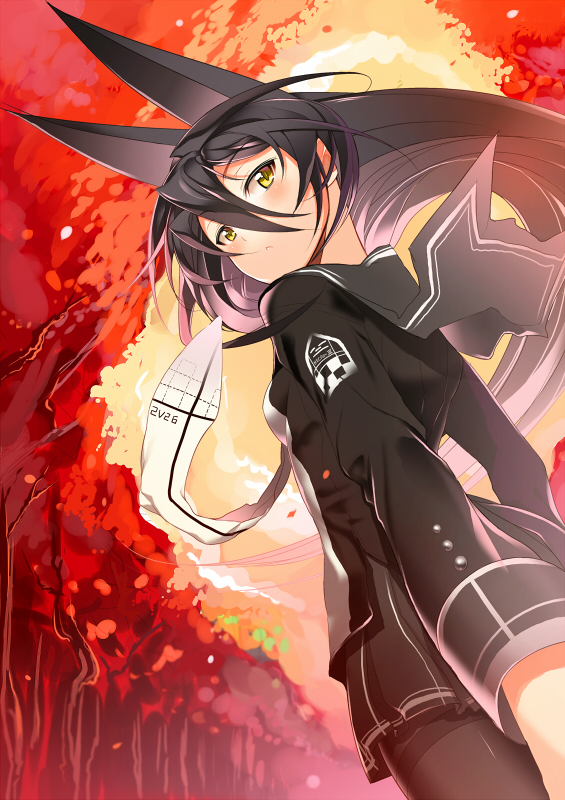 1girl animal_ears black_hair cat_ears char female_focus necktie necro-san original pantyhose solo yellow_eyes