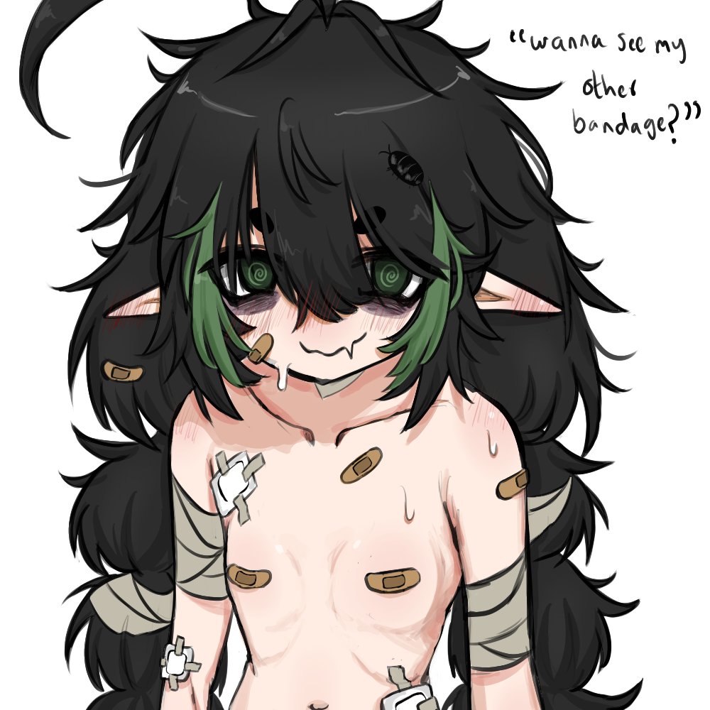 1girl 2025 @_@ ahoge bad_tag bandages bandaid black_hair breasts collarbone elfinpsyop elfinpsyop_(artist) english_text green_eyes indie_virtual_youtuber messy_hair pointy_ears small_breasts sweat virtual_youtuber white_background