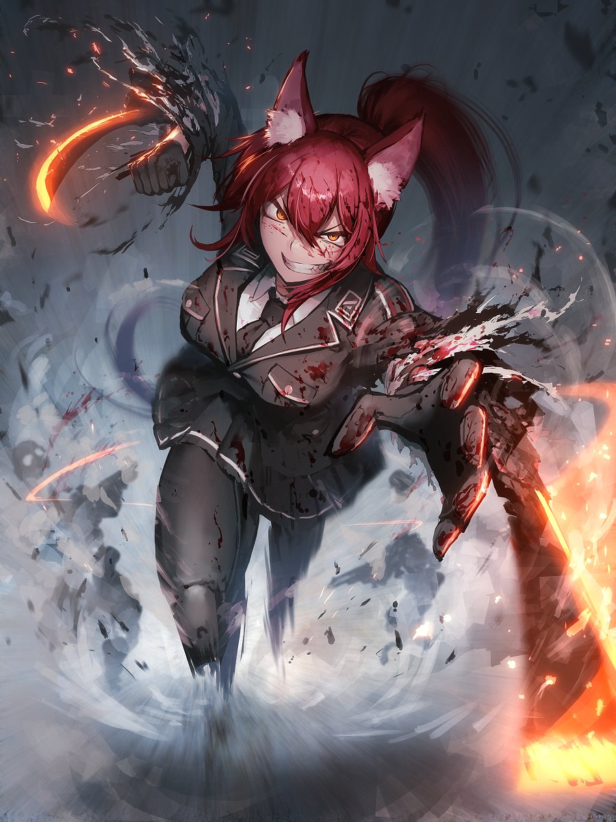 1girl animal_ear_fluff animal_ears arm_blade black_gloves black_jacket black_necktie black_skirt blood blood_in_hair blood_on_clothes blood_on_face commission dated_commentary feet_out_of_frame gloves grey_background hair_between_eyes hetza_(hellshock) highres jacket long_hair long_sleeves looking_at_viewer military military_uniform necktie orange_eyes original pleated_skirt ponytail red_hair running skeb_commission skirt smile solo torn_clothes weapon