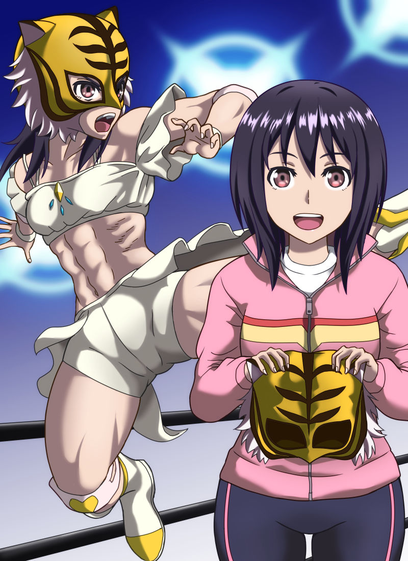 10s 1girl abs bare_shoulders black_hair boots brown_eyes commentary_request dual_persona elbow_pads mask midriff spring_tiger takaoka_haruna tiger_mask_(series) tiger_mask_w track_suit wasabi_shoujo wrestling_outfit wrestling_ring