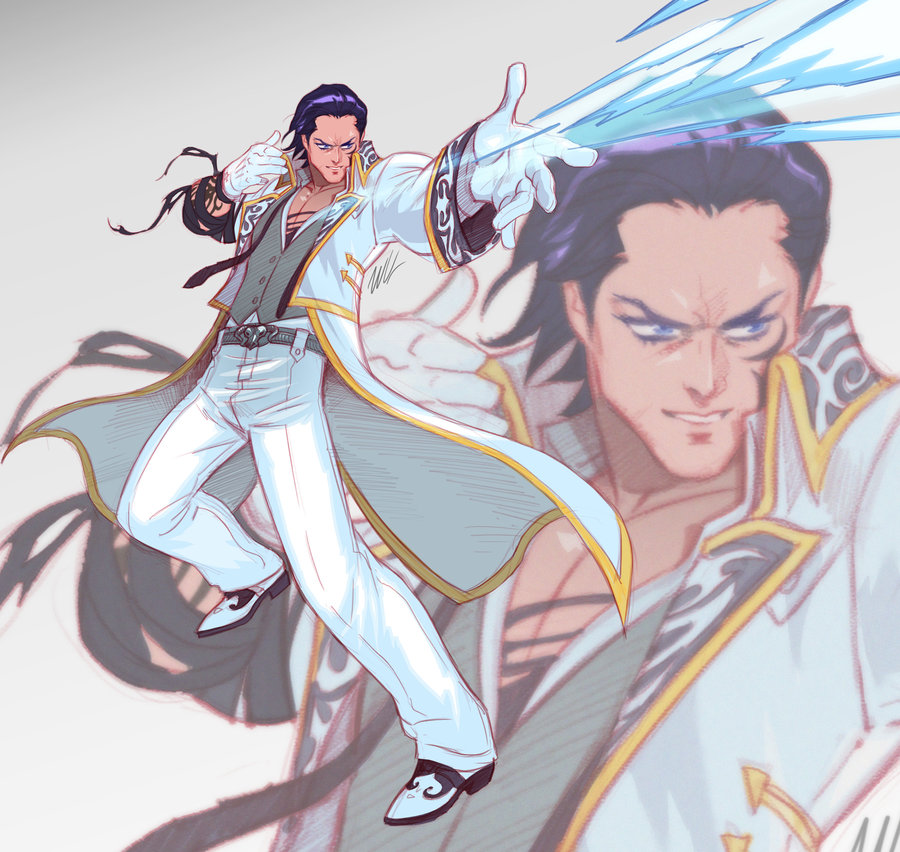 1boy black_hair blue_eyes claudio_serafino energy_arrow gloves hair_slicked_back long_coat male_focus namco pants seeso2d short_hair solo tekken tekken_7 white_gloves zoom_layer