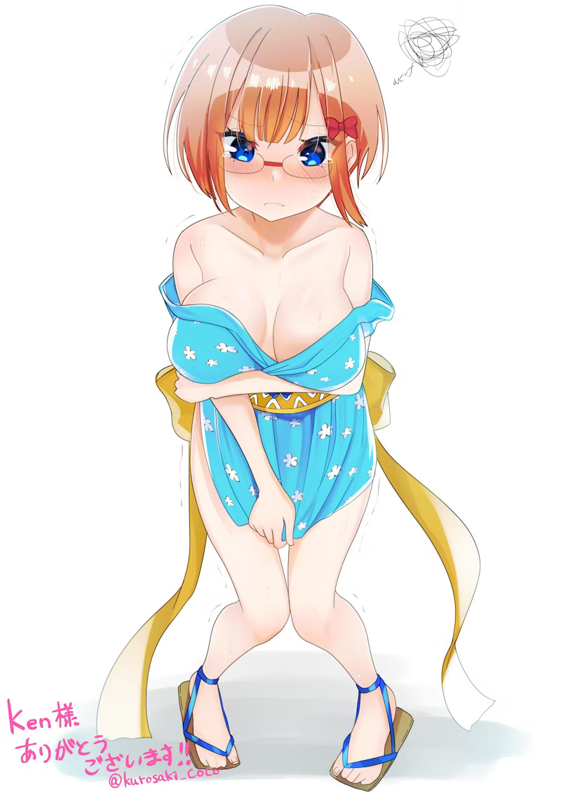 1girl arm_under_breasts bare_shoulders blue_eyes blue_kimono blush bokutachi_wa_benkyou_ga_dekinai bow breasts breasts_apart cleavage collarbone commission embarrassed feet full_body glasses hair_bow japanese_clothes kimono kimono_tug kurosaki_coco large_breasts legs nami_(one_piece) nami_(one_piece)_(wano) off-shoulder_kimono ogata_rizu one_piece orange_hair print_kimono sandals short_hair simple_background skeb_commission sleeveless sleeveless_kimono standing thigh_gap thighs toes white_background