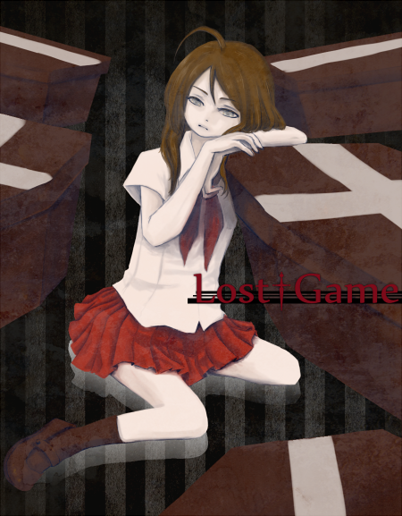 1girl ahoge bad_id bad_pixiv_id brown_hair ebata_(e6a) female_focus head_rest long_hair lost_game sakura_(lost_game) school_uniform shirt short_sleeves sitting skirt solo untied