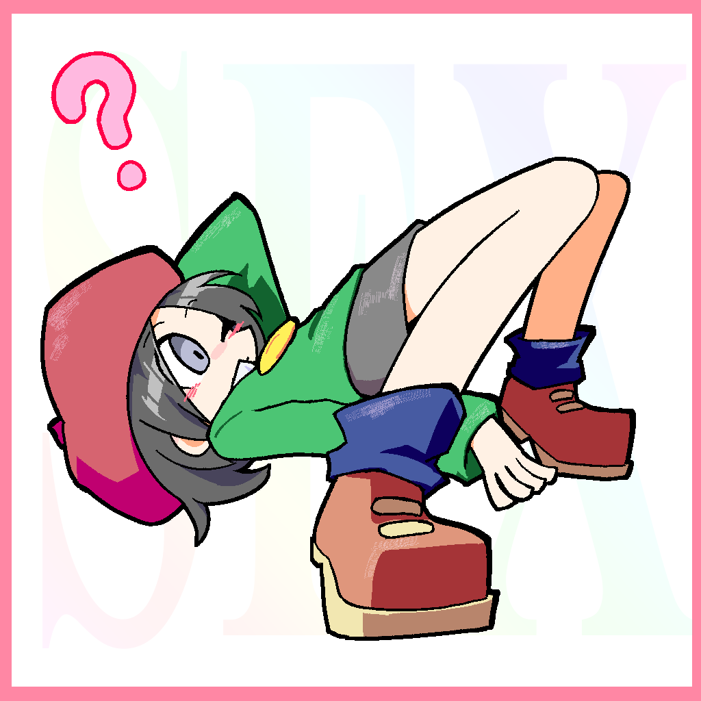 1girl ? adeleine beret black_hair blue_eyes blue_socks blush border brown_shoes closed_mouth english_text expressionless female_focus flat_chest green_shirt grey_skirt hat jaggy_lines kan_(kam48360493) kirby_(series) kirby_64 knees_up long_sleeves miniskirt nintendo one_eye_closed pencil_skirt pink_border red_hat shirt shoes short_hair sidelocks skirt socks solo text_background top-down_bottom-up white_background