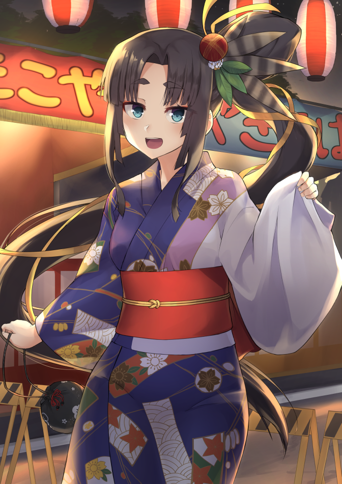 1girl :d bad_id bad_pixiv_id black_hair blue_eyes blush cowboy_shot fate/grand_order fate_(series) female_focus food_stand hair_ribbon japanese_clothes kimono lantern long_hair long_sleeves looking_at_viewer market_stall open_mouth paper_lantern parted_bangs pinta_(ayashii_bochi) ribbon side_ponytail sidelocks sleeves_past_wrists smile solo summer_festival ushiwakamaru_(fate) ushiwakamaru_(formal_dress)_(fate) wide_sleeves yukata