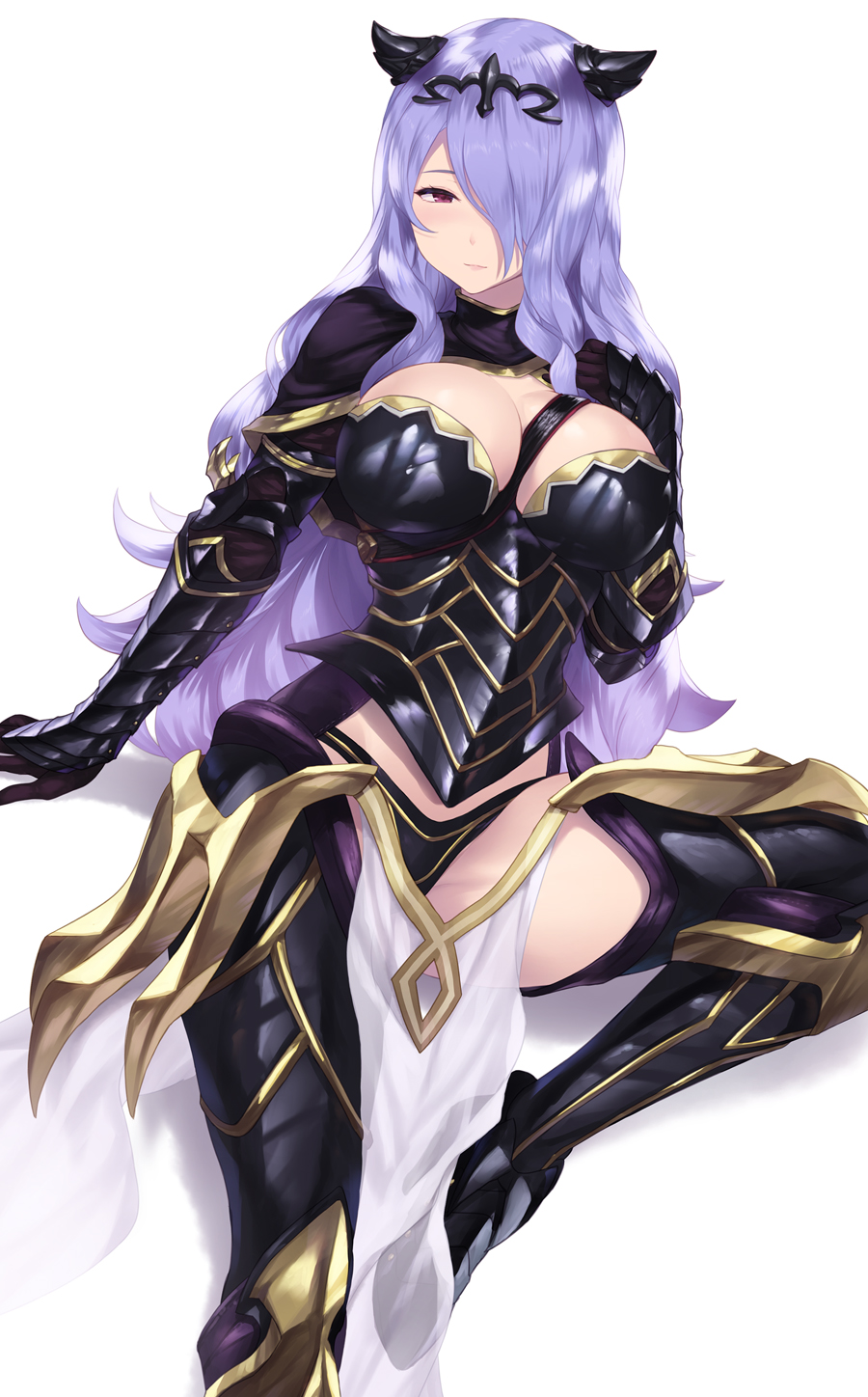 1girl armor black_armor black_capelet blush breastplate breasts cait_aron camilla_(fire_emblem) capelet cleavage faulds fire_emblem fire_emblem_fates gauntlets greaves hair_over_one_eye highres large_breasts long_hair looking_at_viewer nintendo pelvic_curtain purple_eyes purple_hair smile solo tiara wavy_hair white_background