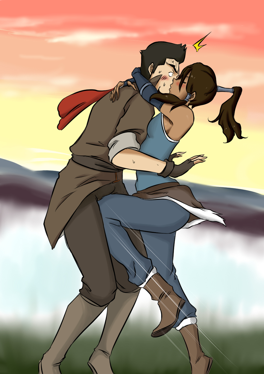 1boy 1girl ball_busting blue_shirt boots breasts brown_pants cloak hair_tubes highres kiss kneeing kneeing_testicles korra ocigart pants red_cloak shirt sideboob