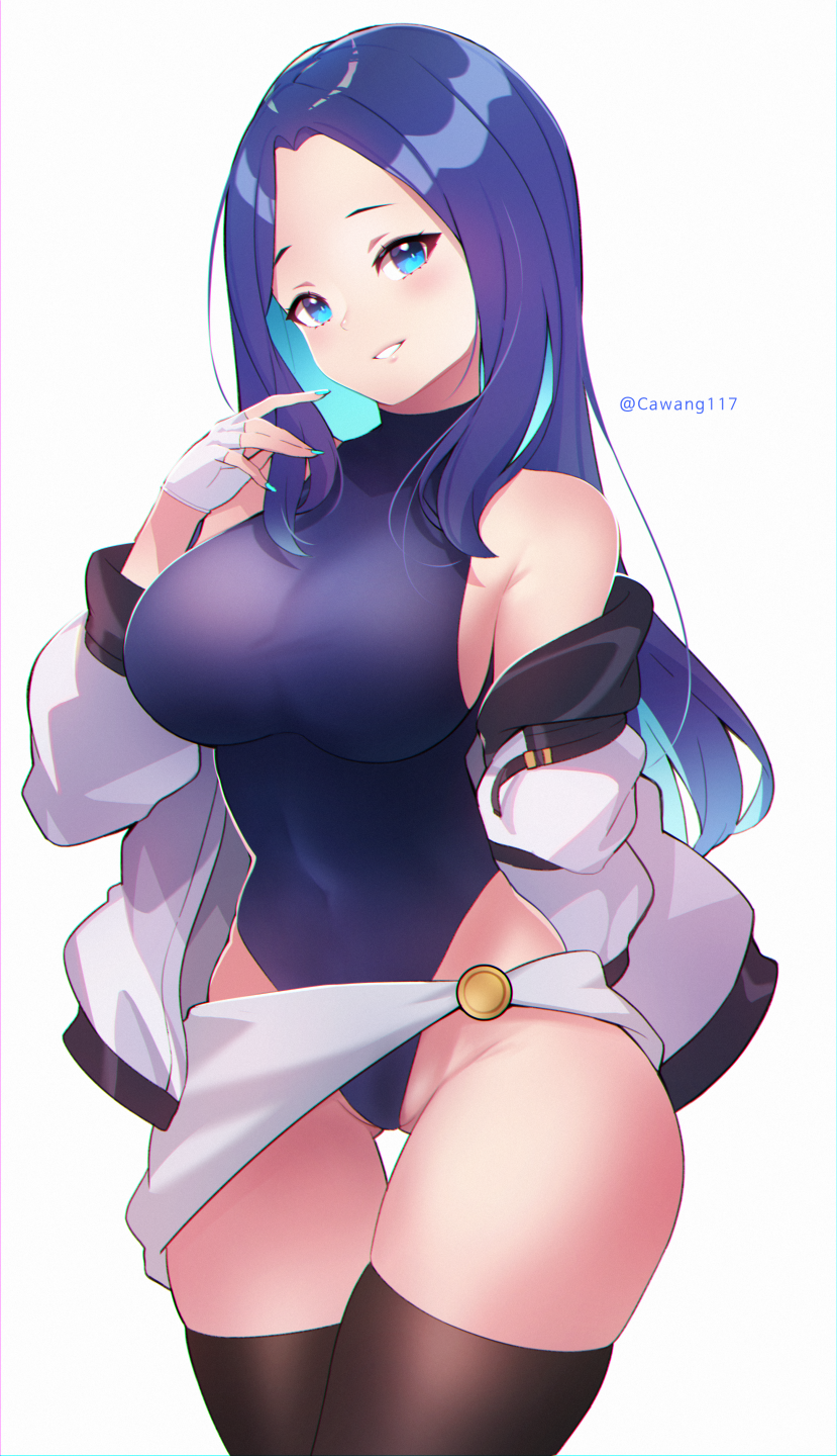 1girl black_thighhighs blue_eyes blue_hair blue_leotard breasts cawang colored_inner_hair fingerless_gloves fingernails gloves highres jacket large_breasts leotard long_hair looking_at_viewer multicolored_hair original parted_lips simple_background solo thigh_gap thighhighs thighs twitter_username two-tone_hair white_background white_gloves white_jacket