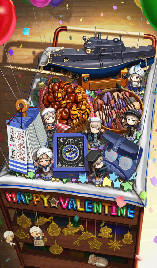 akitaken_(non_faciem) analog_clock anchor armband baker_nemo_(fate) balloon basket blue-framed_eyewear bread captain_nemo_(fate) captain_nemo_(first_ascension)_(fate) chocolate_bread chocolate_syrup clock commentary confetti dolphin engineer_nemo_(fate) english_text fate/grand_order fate_(series) figure fish food food_request glasses happy_valentine jellyfish marine_nemo_(fate) miniature nautilus_(fate) nemo_(fate) no_humans nurse_nemo_(fate) octopus official_art pocket_watch professor_nemo_(fate) roman_numeral round_eyewear scallop squid star_(symbol) starfish still_life submarine third-party_source unworn_armband unworn_eyewear watch watercraft whale
