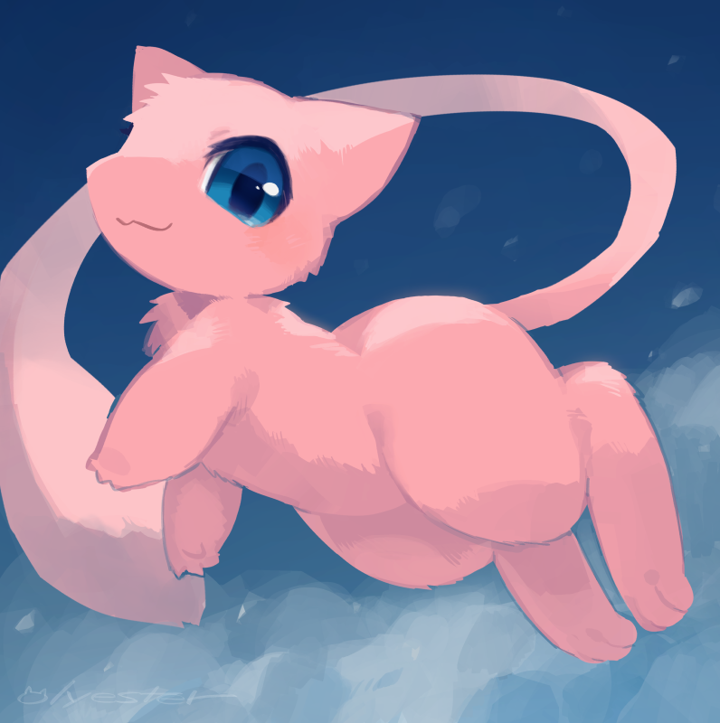 blue_eyes blue_sky flying game_freak gen_1_pokemon legendary_pokemon looking_at_viewer mew_(pokemon) mythical_pokemon nintendo olyester pink_fur pokemon pokemon_(creature) signature sky solo tail