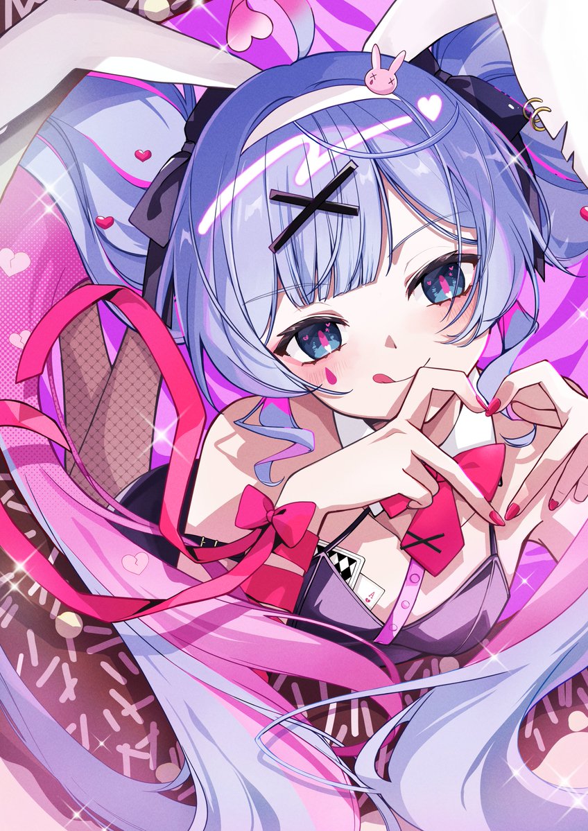 1girl card fishnet_pantyhose fishnets hair_ornament hatsune_miku leotard lying nagitofuu on_stomach pantyhose playboy_bunny rabbit_hole_(vocaloid) the_pose tongue tongue_out twintails vocaloid x_hair_ornament