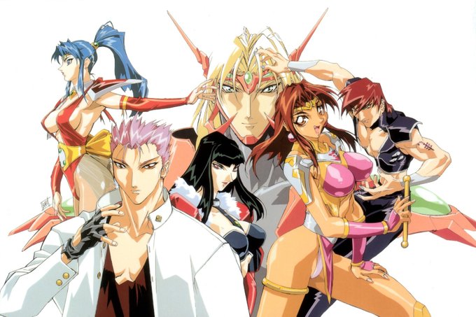 1990s_(style) armor black_hair blonde_hair blue_hair brown_hair choujin_gakuen_gowcaizer gowcaizer group_picture hishizaki_shaia_(gowcaizer) kash_gyustan kubira_(gowcaizer) kyubira official_art oobari_masami pink_hair red_eyes red_hair retro_artstyle school_uniform shigure_kyosuke shigure_kyousuke son_karin tan