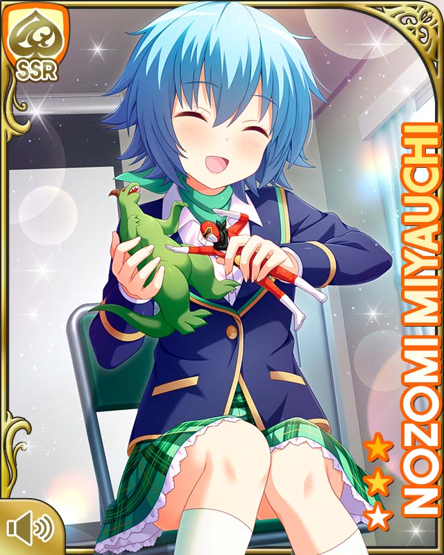 1girl :d ascot bag belt blazer blue_hair blue_jacket card_(medium) chair character_name closed_eyes day girlfriend_(kari) green_ascot green_skirt indoors jacket looking_at_viewer miyauchi_nozomi official_art open_mouth plaid_clothes plaid_skirt playing pleated_skirt purple_eyes qp:flapper school_uniform shirt short_hair sitting skirt smile toy white_legwear white_shirt