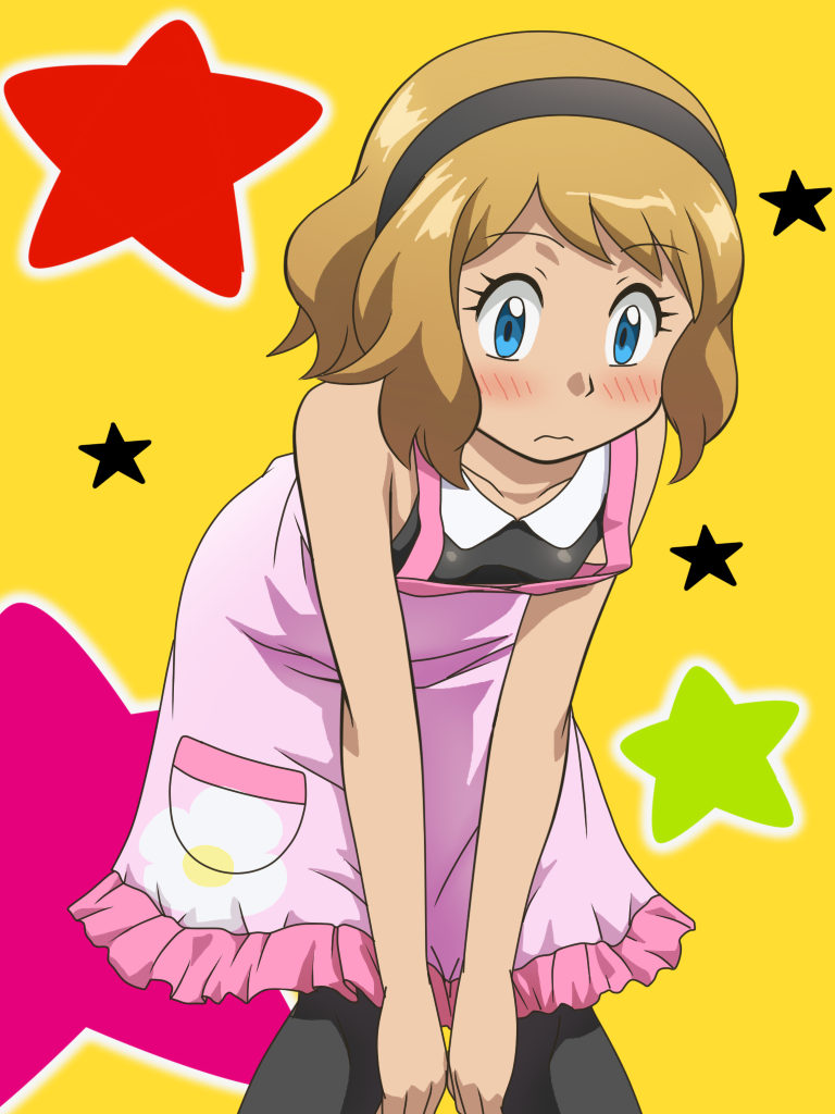 1girl apron awa bare_shoulders black_hairband black_leggings black_shirt blonde_hair blue_eyes blush breasts collarbone creatures_(company) downblouse female_focus game_freak hairband hands_on_own_knees leaning_forward leggings looking_down nintendo pink_apron pokemon pokemon_(anime) pokemon_xy_(anime) serena_(pokemon) shirt short_hair sleeveless sleeveless_shirt small_breasts solo standing star_(symbol) v_arms yellow_background