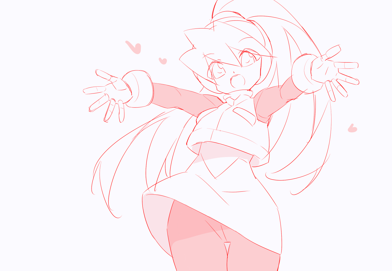 1girl bodysuit bodysuit_under_clothes ciel_(mega_man) cowboy_shot greyscale high-waist_skirt high_ponytail kaidou_zx long_hair mega_man_(series) mega_man_zero_(series) monochrome ponytail red_theme simple_background skirt solo white_background