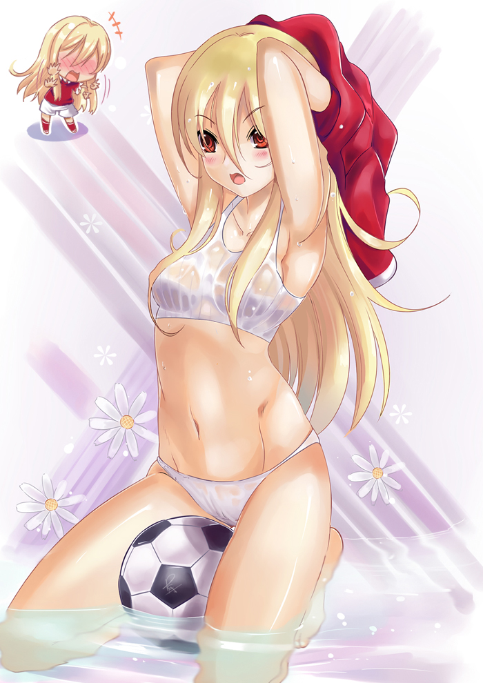 2girls afuro_terumi armpits arms_behind_head arms_up ball barefoot between_thighs blonde_hair blush flower gender_request genderswap hair_between_eyes han inazuma_eleven inazuma_eleven_(series) kneeling long_hair multiple_girls navel open_mouth panties por_(downletgo) red_eyes see-through_clothes see-through_sports_bra soccer_ball sports_bra submerged telstar underwear underwear_only water wet wet_clothes