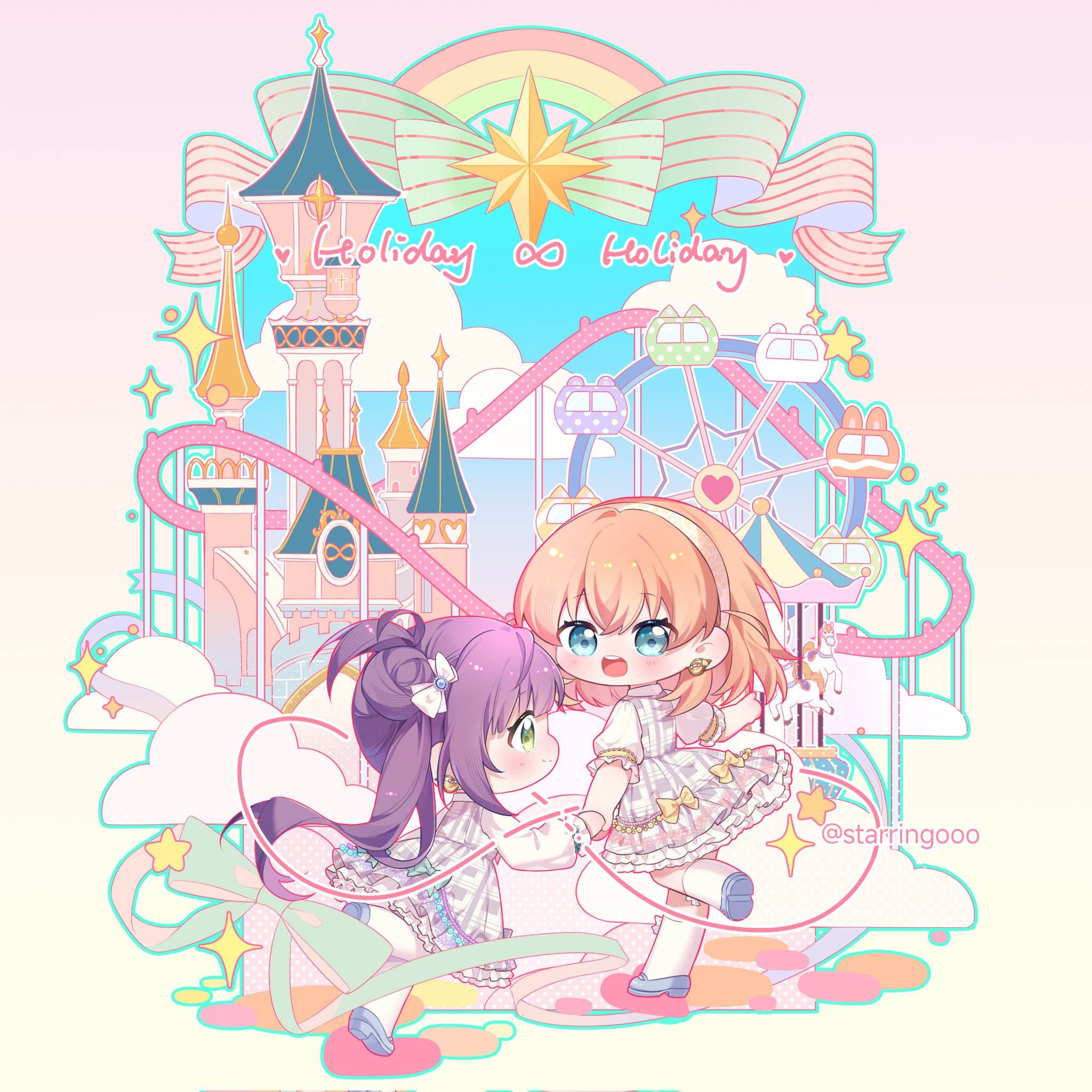2girls :d amusement_park blue_eyes blue_footwear blush bow castle cerise_bouquet chibi chibi_only closed_mouth commentary crossed_bangs dress dress_bow earrings ferris_wheel green_bow green_eyes grey_dress hair_bow hair_bun hairband highres hinoshita_kaho holding_hands holiday_holiday_(love_live!) jewelry lace_hairband link!_like!_love_live! long_hair long_sleeves looking_at_another love_live! medium_hair multiple_girls open_mouth orange_hair otomune_kozue plaid_clothes plaid_dress puffy_long_sleeves puffy_short_sleeves puffy_sleeves purple_hair roller_coaster round_teeth running shoes short_sleeves side_ponytail sidelocks single_side_bun smile socks song_name sparkle star_(symbol) starringooo string teeth twitter_username two_side_up upper_teeth_only virtual_youtuber white_bow white_hairband white_sleeves white_socks yellow_bow