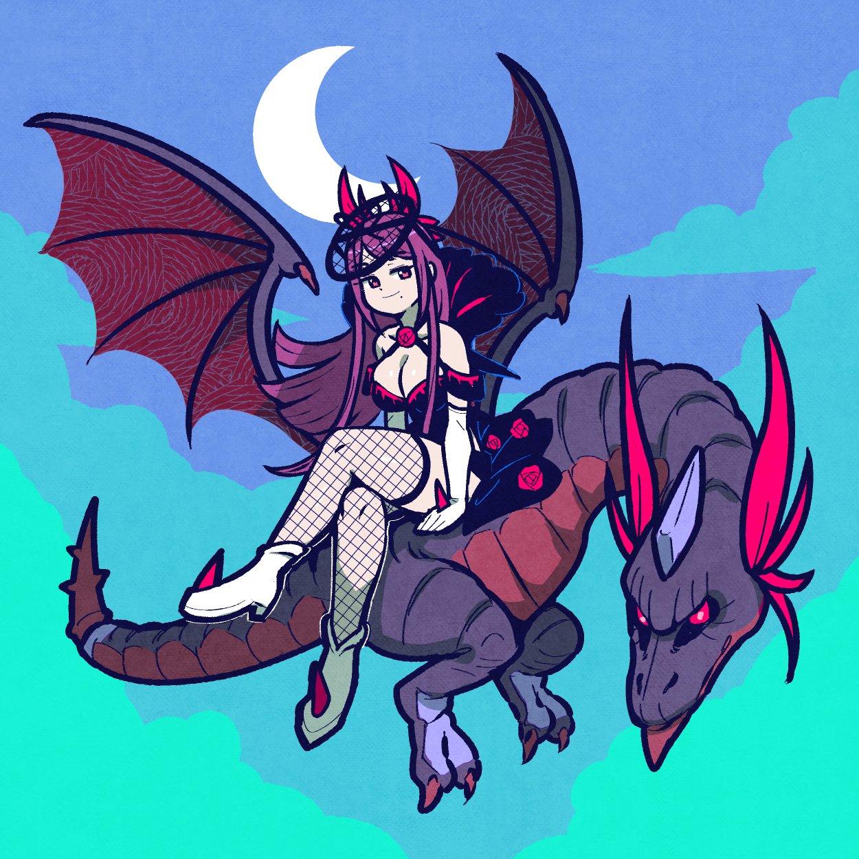 1boy 1girl akairiot brooch cosplay crescent_moon dragon fascinator fire_emblem fire_emblem_engage fishnet_thighhighs fishnets flower_brooch highres ivy_(fire_emblem) ivy_(fire_emblem)_(cosplay) mole mole_under_mouth moon nintendo purple_eyes purple_hair riding_dragon see-through_clothes see-through_headwear spiked thighhighs wyvern