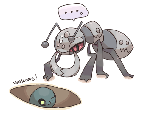 +_+ ... alternate_color animal_focus ant black_sclera bug closed_mouth colored_sclera durant english_text eye_contact full_body gen_3_pokemon gen_5_pokemon half-closed_eyes hole insect looking_at_another looking_down looking_up lowres nervous nintendo no_humans pokemon pokemon_(creature) red_eyes red_sclera shiny_pokemon shira_(sirairo116) simple_background speech_bubble spoken_ellipsis standing sweat talking trapinch wavy_mouth white_background yellow_eyes