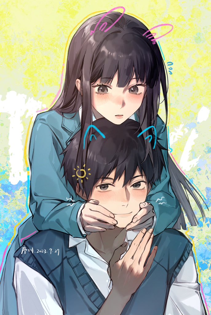 1boy 1girl animal_ears artist_name black_eyes black_hair blue_jacket blue_sweater_vest blush cat_ears collared_jacket collared_shirt colored_skin cowboy_shot dated fingernails hair_between_eyes hands_on_another&#039;s_cheeks hands_on_another&#039;s_face jacket kazehaya_shouta kimi_ni_todoke kuronuma_sawako long_hair long_sleeves looking_at_another multicolored_background rabbit_ears school_uniform shirt short_sleeves smile sun_symbol sweatdrop sweater_vest vanilla white_shirt white_skin xuchuan