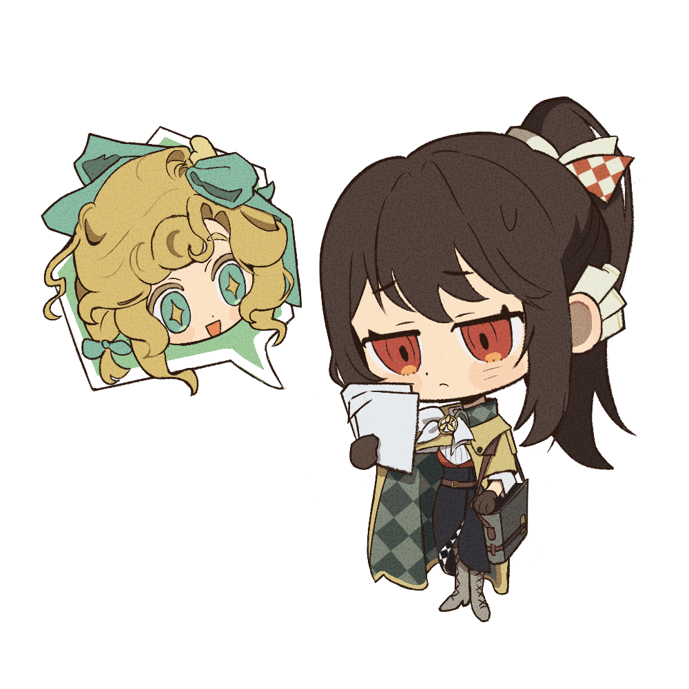 +_+ 2girls :&lt; :d aqua_bow aqua_eyes bag black_gloves black_skirt blonde_hair boots bow brown_cloak brown_hair chibi cloak full_body gloves grey_footwear hair_bow holding holding_paper long_skirt lorelei_(reverse:1999) multiple_girls open_mouth paper ponytail reading red_eyes reverse:1999 semmelweis_(reverse:1999) shirt shoulder_bag skirt smile speech_bubble spoken_character standing sweat thiepriest transparent_background white_bow white_shirt