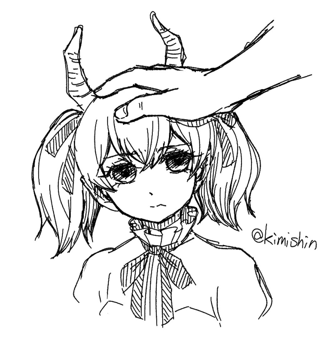 1girl 1other demon_horns empty_eyes frown hatching_(texture) headpat horns kimishin linie_(sousou_no_frieren) monochrome portrait sketch sousou_no_frieren twintails twitter_username