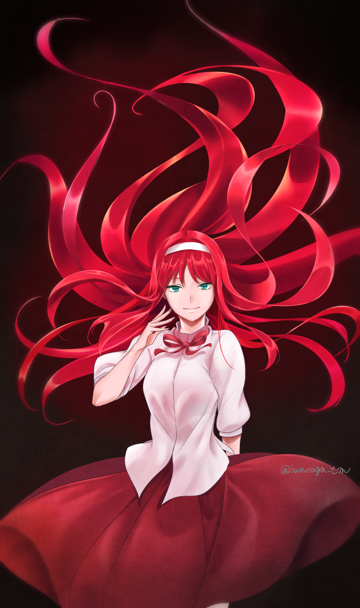 1girl black_background closed_mouth green_eyes hairband iwanaga_tm long_hair looking_at_viewer melty_blood red_hair red_skirt short_sleeves simple_background skirt smile solo tohno_akiha toono_akiha tsukihime twitter_username vermillion_akiha white_hairband