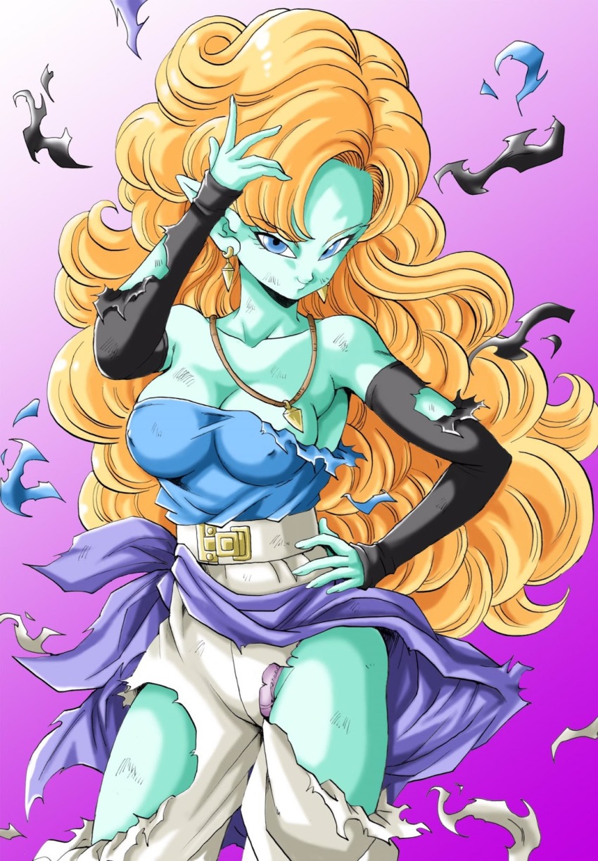 1girl aqua_skin black_sleeves blue_eyes blue_shirt breasts cleavage closed_mouth colored_skin commentary_request covered_erect_nipples cowboy_shot curly_hair dragon_ball dragonball_z earrings floating_hair gold_earrings hand_on_own_hip hashtag-only_commentary highres jewelry large_breasts long_hair looking_at_viewer necklace orange_hair panties pants pink_panties pointy_ears scratches shirt sideboob smile solo strapless strapless_shirt torn_clothes torn_pants torn_shirt torn_sleeves underwear very_long_hair youngjijii zangya