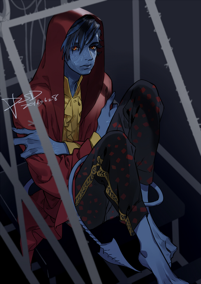 10s 1boy artist_name barefoot black_hair blue_hair blue_skin colored_skin demon_tail facial_mark hood hoodie male_focus marvel multicolored_hair nightcrawler orange_eyes psd sitting solo tail two-tone_hair x-men