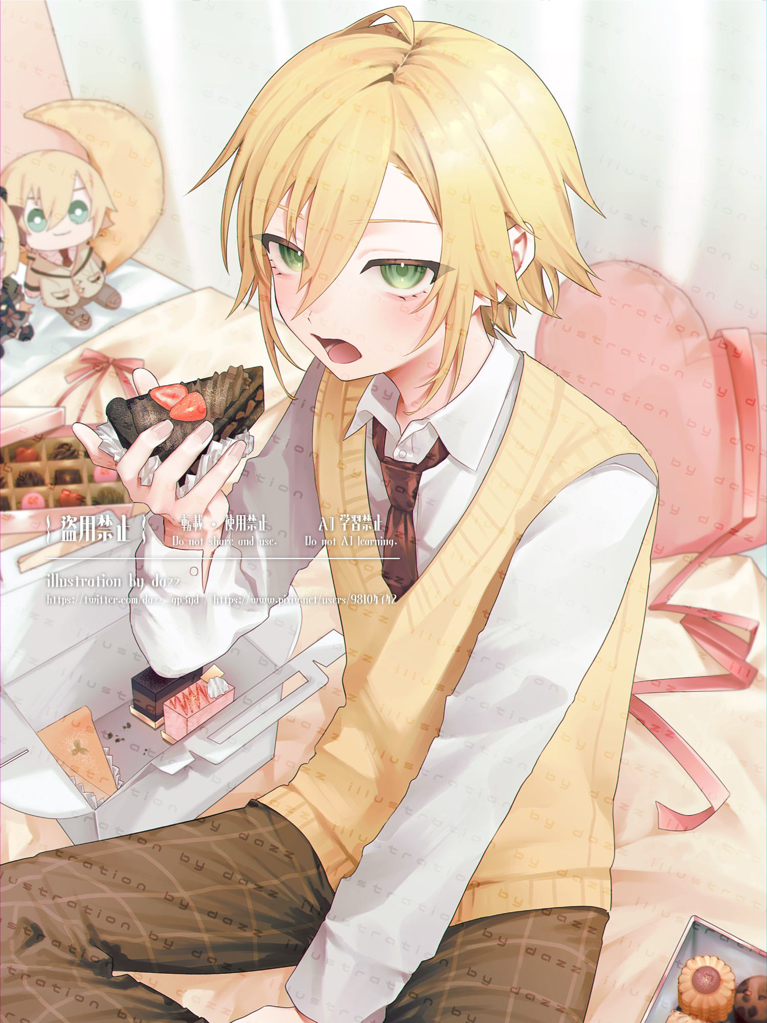 1boy between_legs blonde_hair box box_of_chocolates brown_pants cake cake_slice character_doll checkered_clothes checkered_pants chocolate_cake collared_shirt crescent_pillow dazz_(dazz_gp3yd) dress_shirt eating english_text food fruit green_eyes hair_between_eyes hand_between_legs highres holding holding_cake holding_food indoors looking_at_viewer male_focus necktie nijisanji on_bed open_mouth pants red_necktie school_uniform shirt short_hair sitting solo straight_hair strawberry strawberry_cake uzuki_kou uzuki_kou_(4th_costume) valentine vest virtual_youtuber watermark web_address white_shirt yellow_vest