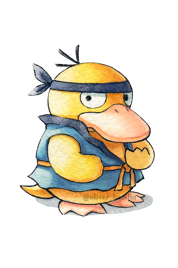 animal_focus artist_name beak black_headband commentary cosplay english_commentary fighting_stance final_fantasy gen_1_pokemon headband looking_at_viewer monk_(final_fantasy) monk_(final_fantasy)_(cosplay) nintendo no_humans oliver_hamlin pokemon pokemon_(creature) psyduck simple_background standing twitter_username watermark webbed_feet white_background