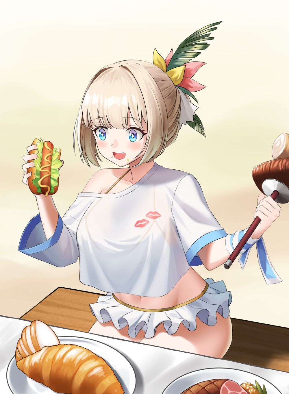 1girl beach bench bikini bikini_visible_through_clothes blush_stickers breasts brown_dust_(series) brown_dust_2 croissant crumbs food food_on_face frilled_bikini frills groin hair_ornament ham highres holding holding_food holding_skewer hot_dog justia_(brown_dust) justia_(pool_party)_(brown_dust) large_breasts lipstick_mark midriff oversized_food oversized_object plate rankketer shirt sitting skewer solo swimsuit table white_bikini white_shirt wooden_bench