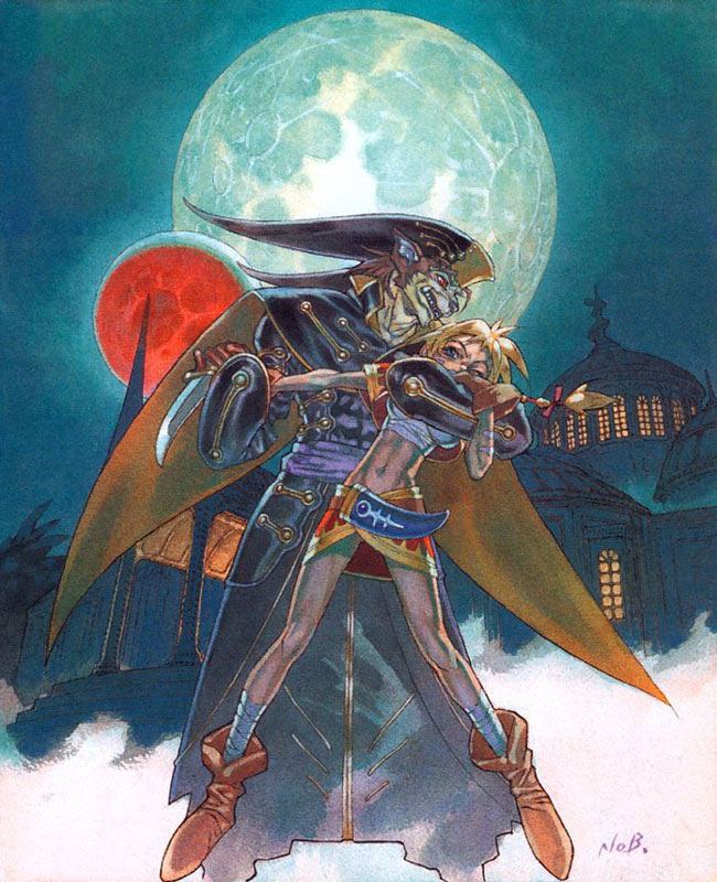 1girl bandages blonde_hair bow cape chrono_(series) chrono_cross hat jacket kid_(chrono_cross) knife lynx mansion midriff moon night official_art sharp_teeth sheath skirt teeth yuuki_nobuteru