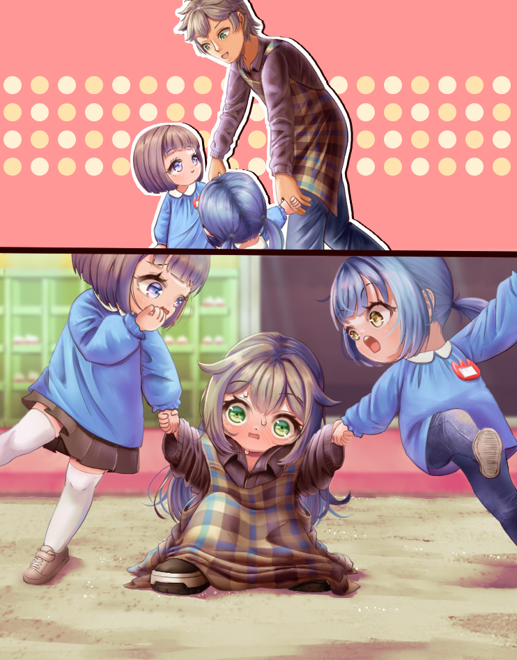 1boy 2girls age_regression aged_down apron blue_eyes blue_hair blush brown_hair brown_shoes child denim denwa genderswap genderswap_(mtf) green_eyes holding_hands jeans kindergarten kindergarten_teacher kindergarten_uniform long_hair low_twintails medium_hair multiple_girls open_mouth original outdoors oversized_clothes pants pleated_skirt sand shoes skirt smile surprised sweat thighhighs transformation twintails white_thighhighs yellow_eyes