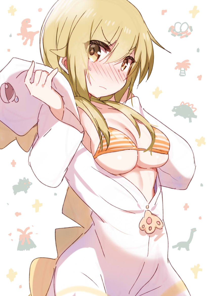 1girl bikini bikini_under_clothes blonde_hair blush breasts closed_mouth commentary_request cosplay cowboy_shot hair_between_eyes hood hood_down hooded_pajamas ichii_yui kigurumi long_hair long_sleeves looking_at_viewer low_twintails micro_bikini onesie pajamas solo striped_bikini striped_clothes sweatdrop swimsuit tatsunokosso twintails yellow_eyes yuyushiki