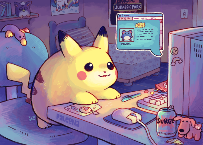 1990s_(style) :3 america_online beanie_babies bed bedroom black_eyes can chair commentary computer computer_keyboard computer_mouse cool_s creature crt dark doll drink_can english_commentary furby gen_1_pokemon gen_2_pokemon indoors jurassic_park marill mousepad_(object) nintendo no_humans office_chair paleona pen pikachu pillow pokemon pokemon_(creature) poster_(object) purple_theme rainbow retro_artstyle room roomscape shelf signature skittles smile smiley smiley_face soda_can solo standing surge swivel_chair table tamagotchi