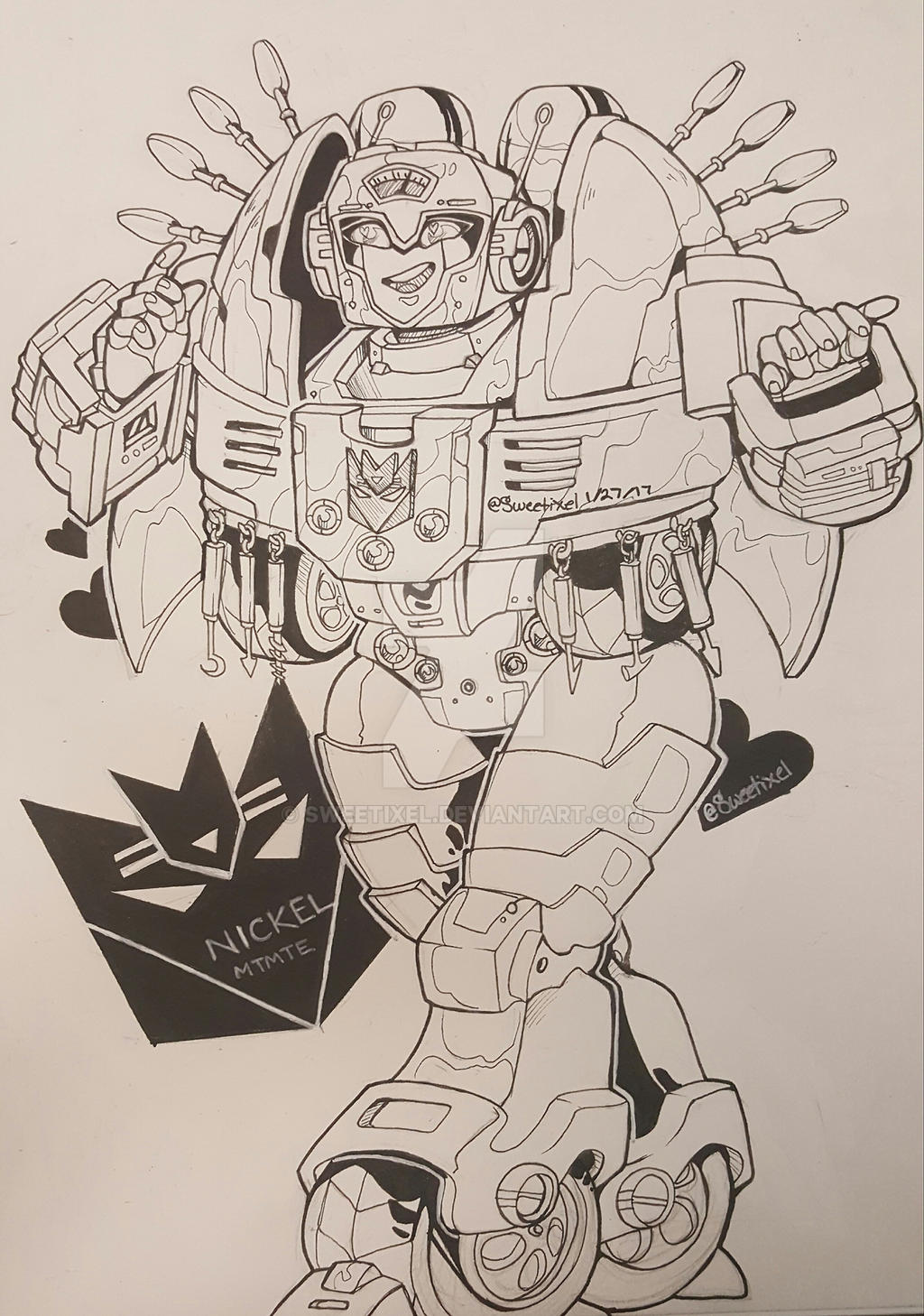 1girl decepticon heart heart-shaped_pupils highres humanoid_robot nickel_(transformers) robot smile sweetixel symbol-shaped_pupils the_transformers_(idw) thick_thighs thighs traditional_media transformers