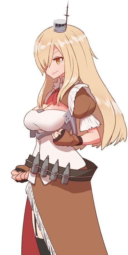 &gt;:) 1girl azur_lane belt blonde_hair breasts brown_eyes brown_gloves bullet cleavage_cutout clenched_hands closed_mouth clothing_cutout female_focus fingerless_gloves garter_straps gloves hat large_breasts long_hair mast mini_hat neckerchief nevada_(azur_lane) open_clothes open_skirt puffy_short_sleeves puffy_sleeves red_neckerchief short_sleeves simple_background skirt smile solo standing sumiyao_(amam) suspender_skirt suspenders thighhighs v-shaped_eyebrows vest white_background white_vest