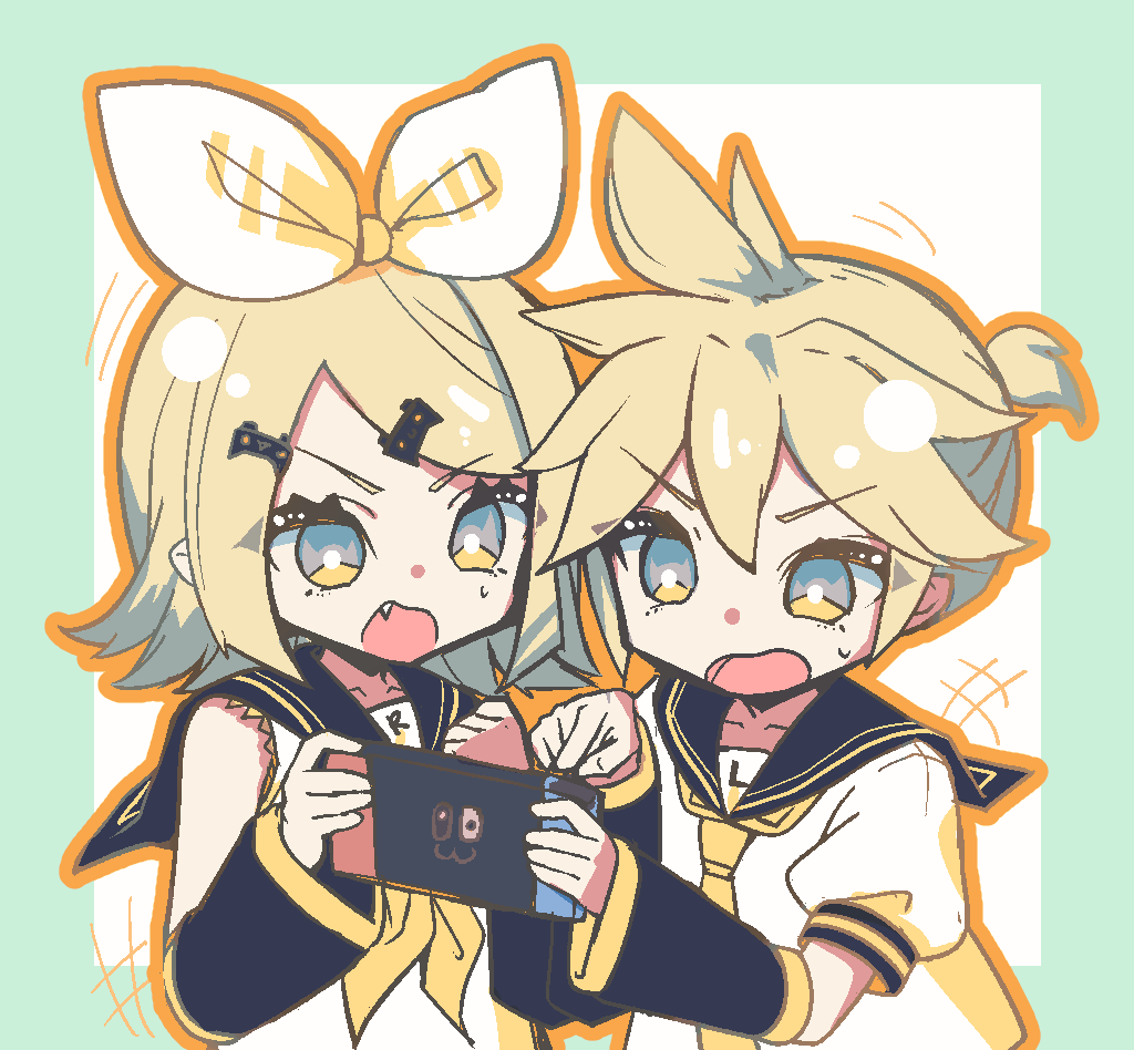 1boy 1girl arguing bare_shoulders black_sailor_collar black_sleeves blonde_hair blue_eyes border bow brother_and_sister cowlick detached_sleeves eyes_visible_through_hair fang green_border hair_between_eyes hair_ornament hairclip halka high_ponytail kagamine_len kagamine_rin looking_at_object motion_lines muted_color neckerchief necktie nintendo_switch open_mouth orange_outline outline parted_bangs pointing pointing_at_object ponytail sailor_collar shirt short_ponytail siblings sweatdrop twins vocaloid white_bow white_shirt yellow_neckerchief yellow_necktie yellow_sleeve_cuffs