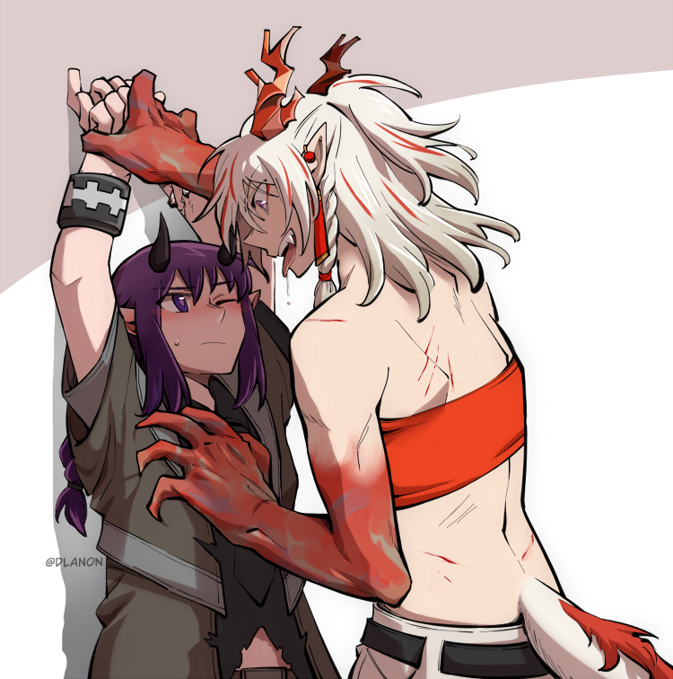 2girls :d arknights arms_up bandeau bare_shoulders black_shirt commentary dlanon english_commentary half_updo horns lava_(arknights) lava_the_purgatory_(arknights) medium_hair multicolored_hair multiple_girls nian_(arknights) one_eye_closed open_mouth pointy_ears purple_eyes purple_hair red_hair shirt smile strapless streaked_hair tail tube_top upper_body white_hair yuri