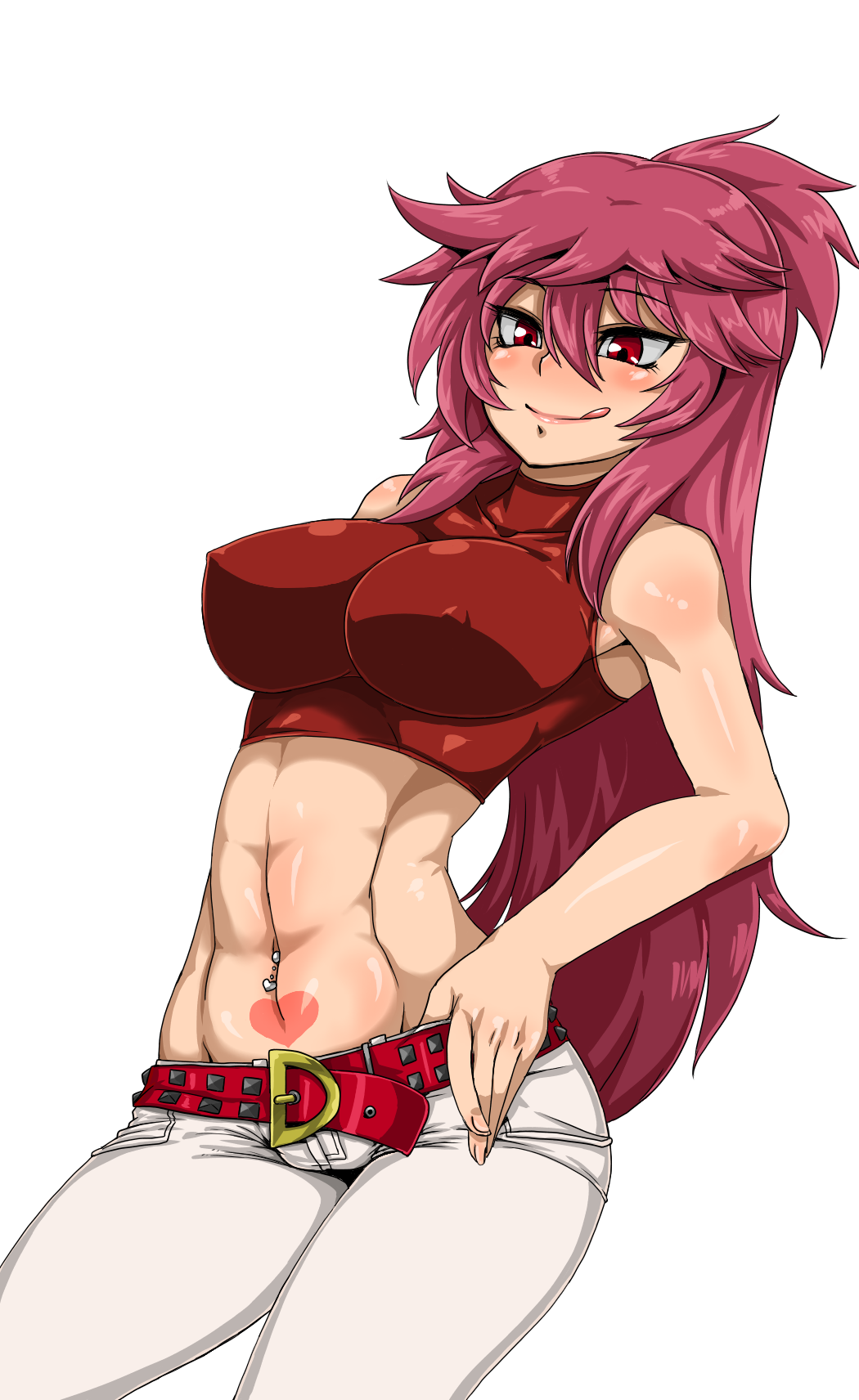 00s 1girl :p abs blush breasts dancouga_nova denim covered_erect_nipples hand_on_own_hip heart hidaka_aoi highres hip_focus jeans juusou_kikou_dancouga_nova kitsune-tsuki_(getter) large_breasts lipstick long_hair makeup midriff navel navel_piercing pants piercing pink_hair red_eyes shirt sleeveless tattoo tight_clothes tight_pants tight_shirt tongue tongue_out