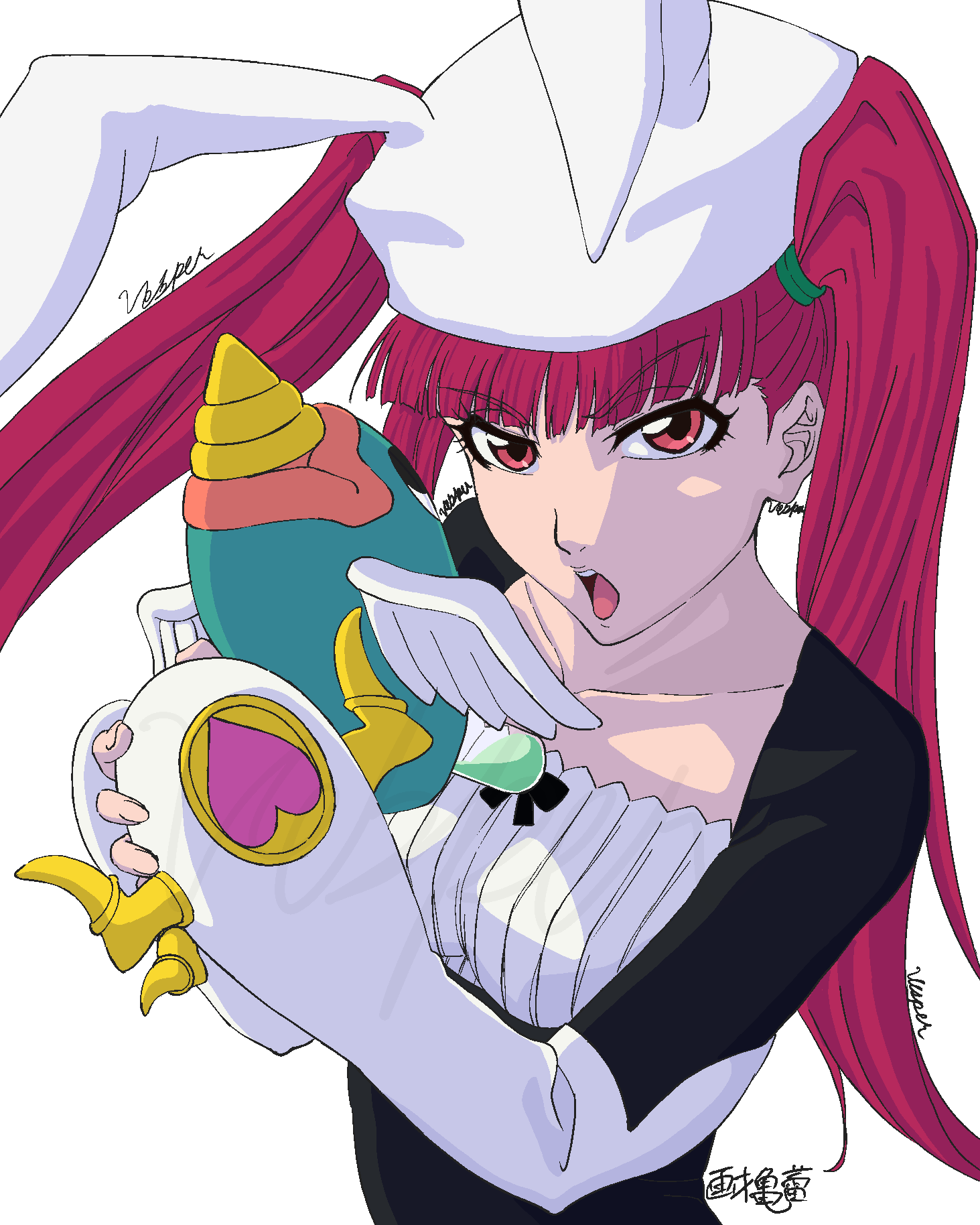 1girl :o artist_request black_dress black_thighhighs bleach blunt_bangs breasts collarbone cowboy_shot dokugamine_riruka dress eyelashes gun hair_over_shoulder hand_up hat highres holding holding_gun holding_weapon light_blush lips long_hair long_sleeves medium_breasts parted_lips purple_eyes purple_hair red_eyes short_dress simple_background sleeves_past_wrists solo straight_hair thighhighs toy_gun tsundere twintails very_long_hair weapon white_background white_hat