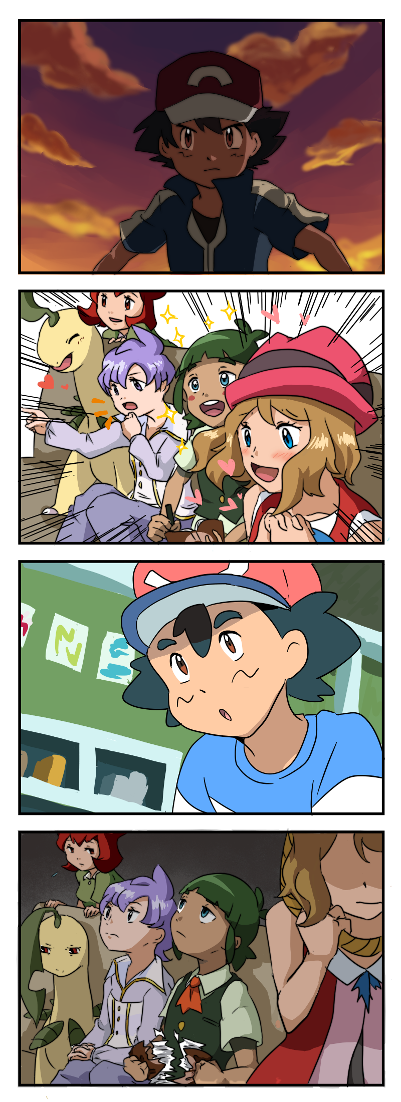 10s 2boys 3girls 4koma anabel_(pokemon) ash_ketchum bad_id bad_pixiv_id bayleef bianca_(pokemon_heroes) comic depressed emphasis_lines frontier_brain gaijin_4koma_(meme) gen_2_pokemon hat heart highres indoors meme multiple_boys multiple_girls nezu_(pixiv_1410807) nintendo noose notebook outdoors parody pokemon pokemon_(anime) pokemon_(classic_anime) pokemon_(creature) pokemon_heroes:_latios_&amp;_latias pokemon_rse_(anime) pokemon_sm pokemon_sm_(anime) pokemon_xy sawyer_(pokemon) serena_(pokemon) silent_comic sky sparkle suicide sunset upper_body