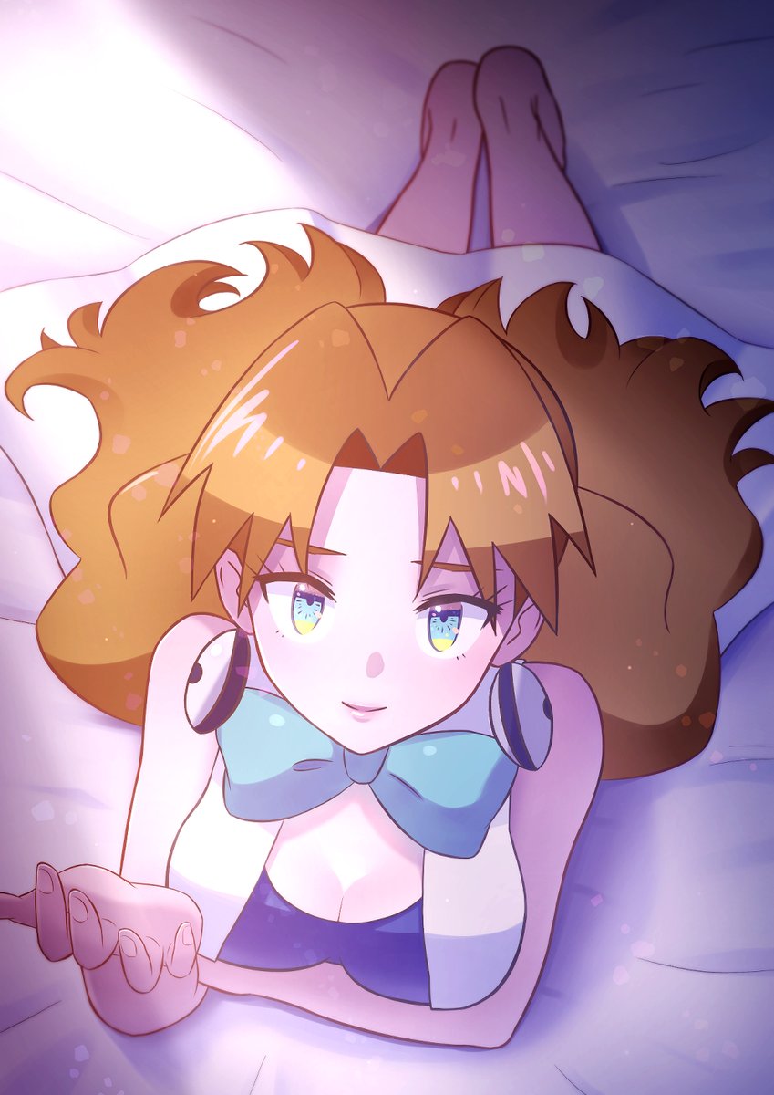 1girl aged_up bare_arms barefoot bed blue_bow blue_dress blue_eyes blush bow breasts brown_hair closed_mouth collarbone dress earrings eyelashes hair_bow highres jewelry kikopoko11 large_breasts lips long_hair looking_at_viewer lying molly_hale nintendo on_bed on_stomach pokemon pokemon_(anime) pokemon_(classic_anime) pokemon_3:_the_movie_-_spell_of_the_unown:_entei reaching reaching_towards_viewer sexually_suggestive sleeveless sleeveless_dress smile solo