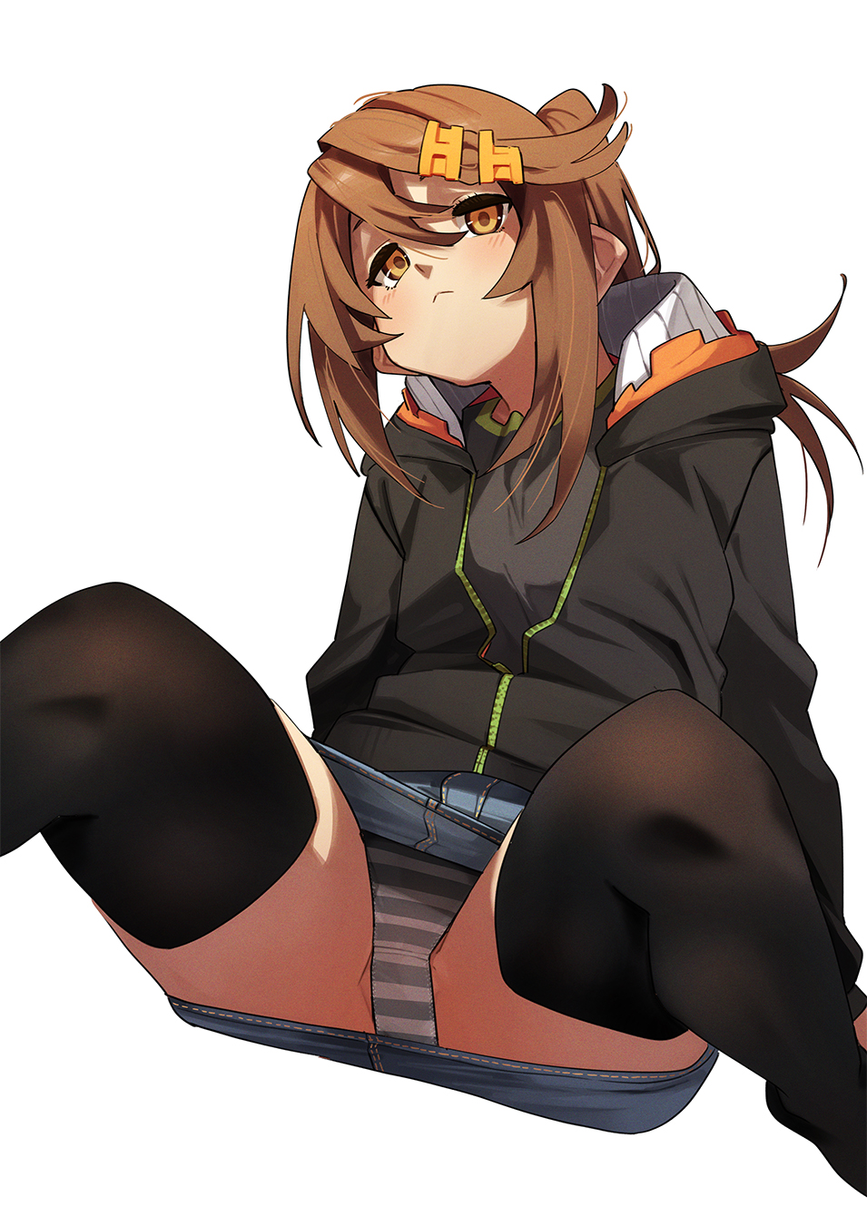 1girl black_jacket black_thighhighs brown_eyes brown_hair closed_mouth commentary_request fu-ta highres jacket original panties pantyshot simple_background solo striped_clothes striped_panties thighhighs underwear usami_taiga white_background
